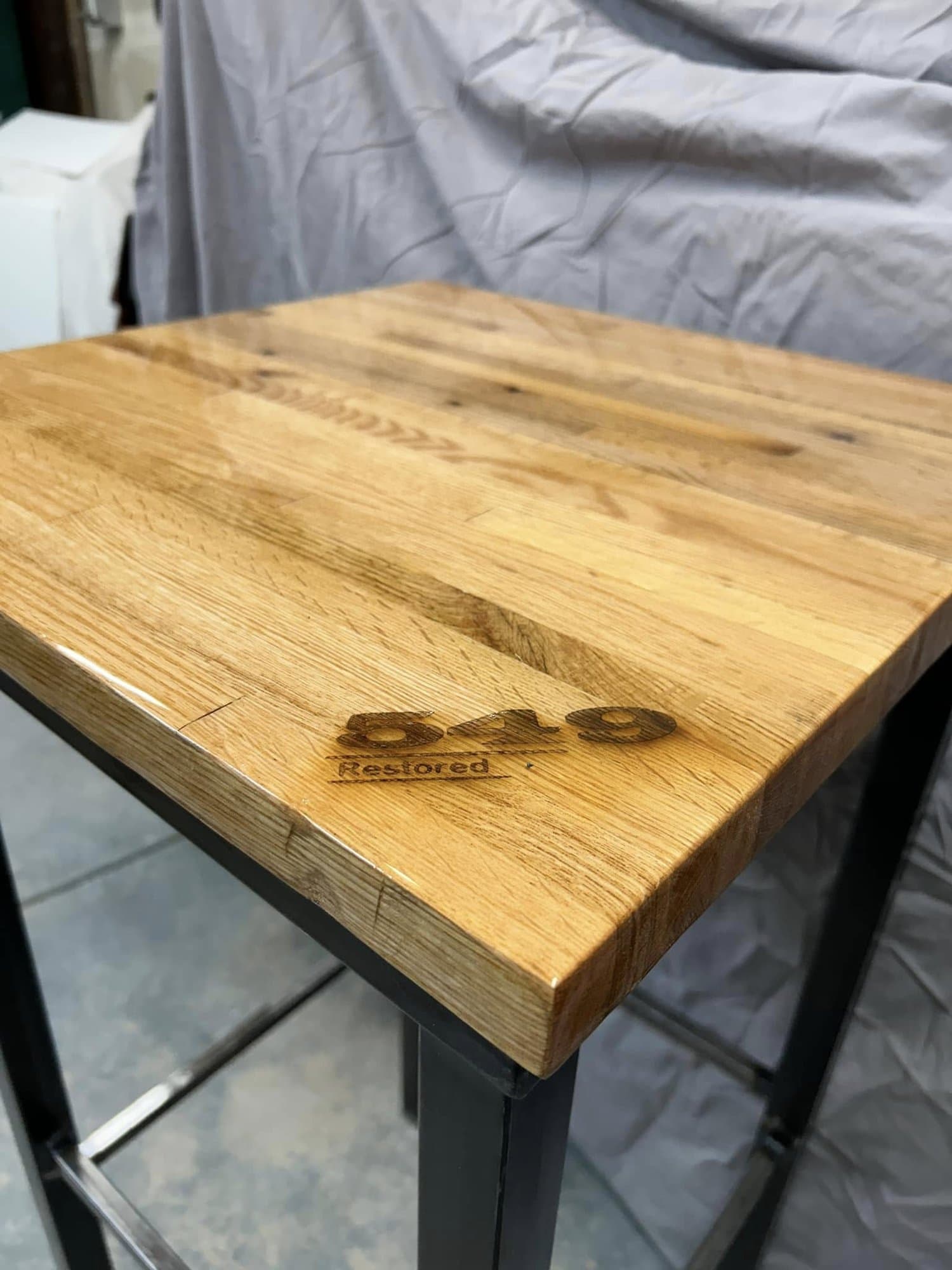 Handmade oak bar table with 549 Restored brand